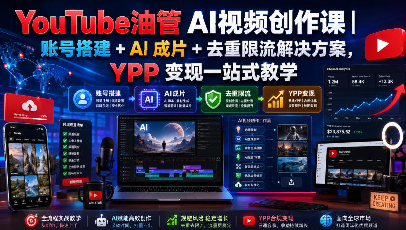 YouTube油管AI视频创作课｜账号搭建+AI成片+去重限流解决方案，YPP变现一站式教学-网赚36计
