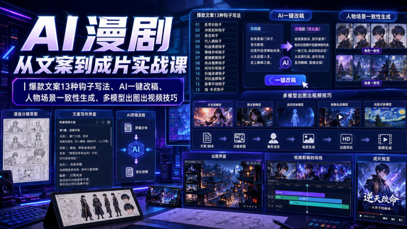 AI漫剧从文案到成片实战课｜爆款文案13种钩子写法、AI一键改稿、人物场景一致性生成、多模型出图出视频技巧-网赚36计