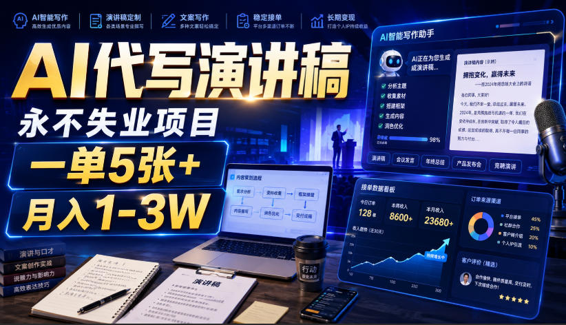 AI代写演讲稿，永不失业项目，一单5张+，月入1-3W【揭秘】-网赚36计