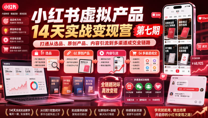 小红书虚拟产品14天实战变现营第七期，打通从选品、原创产品、内容引流到多渠道成交全链路-网赚36计