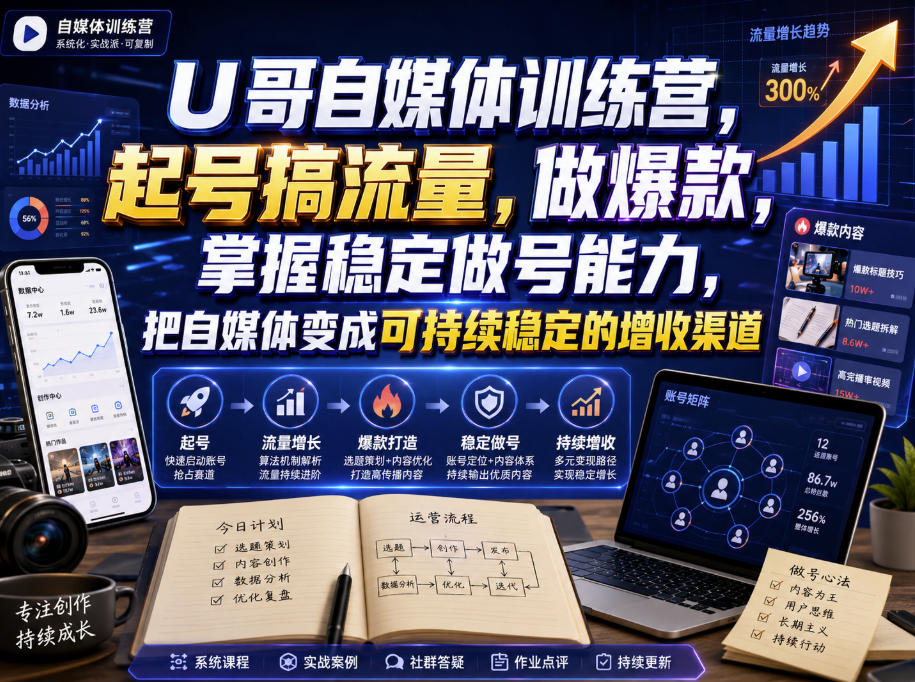 U哥自媒体训练营，起号搞流量，做爆款，掌握稳定做号能力，把自媒体变成可持续稳定的增收渠道-网赚36计