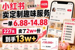 小红书卖定制趣味服务，一单6.88-14.88，227天卖了2w+份，到手13w+-网赚36计