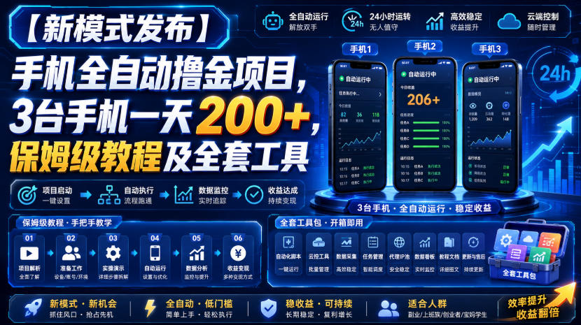 【新模式发布】手机全自动撸金项目,3台手机一天200+,保姆级教程及全套工具【揭秘】-网赚36计