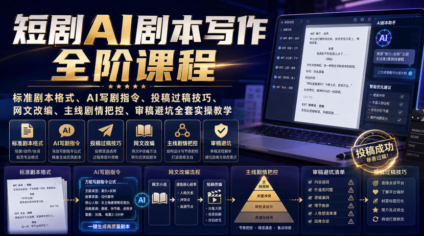 短剧AI剧本写作全阶课程|标准剧本格式、AI写剧指令、投稿过稿技巧、网文改编、主线剧情把控、审稿避坑全套实操教学-网赚36计