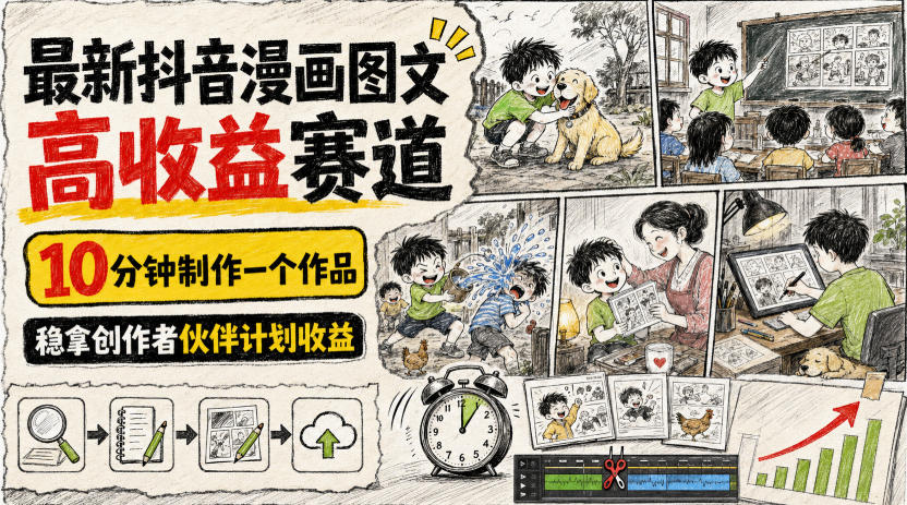 最新抖音漫画图文高收益赛道,10分钟制作一个作品,稳拿创作者伙伴计划收益-网赚36计