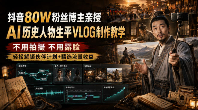 抖音80W粉丝博主的AI历史人物生平VLOG教学,不用拍摄不用露脸,AI帮你搞定,轻松解锁伙伴计划+精选收益-网赚36计