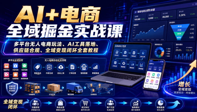 AI+电商全域掘金实战课|多平台无人电商玩法、AI工具落地、供应链合规、全域变现闭环全套教程-网赚36计