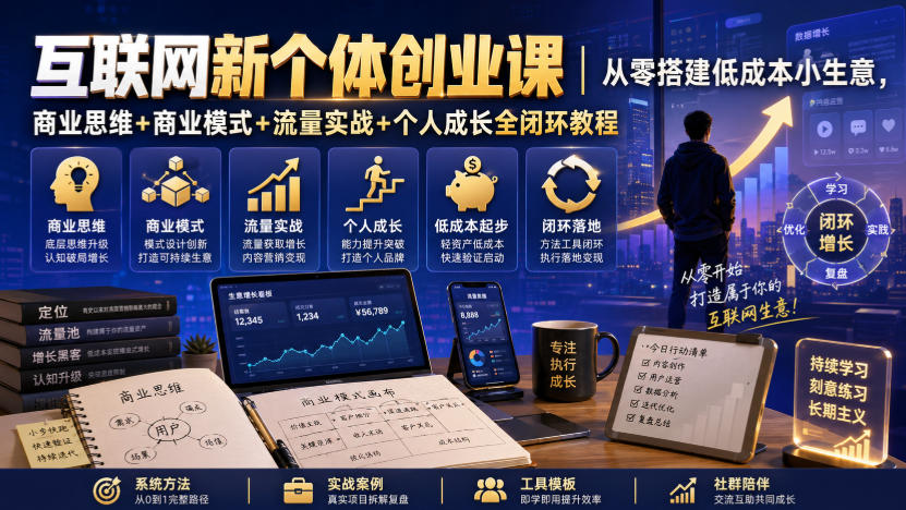 互联网新个体创业课|从零搭建低成本小生意,商业思维+商业模式+流量实战+个人成长全闭环教程-网赚36计