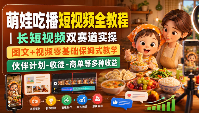 萌娃吃播短视频全教程｜长短视频双赛道实操，图文+视频零基础保姆式教学，伙伴计划-收徒-商单等多种变现方式-网赚36计