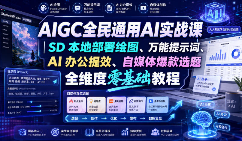 AIGC全民通用AI实战课|SD本地部署绘图、万能提示词、AI办公提效、自媒体爆款选题全维度零基础教程-网赚36计