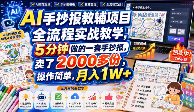 AI手抄报教辅项目全流程实战教学,5分钟做的一套手抄报,卖了2000多份,操作简单,月入1W+-网赚36计