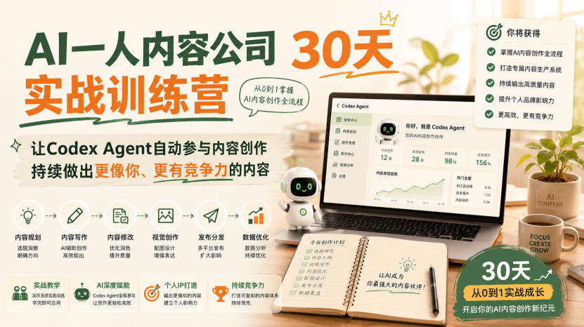 AI一人内容公司30天实战训练营，让Codex Agent自动参与内容创作持续做出更像你、更有竞争力的内容-网赚36计