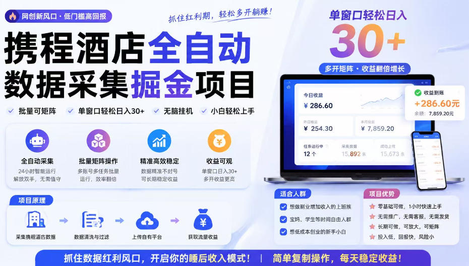 携程酒店采集挂G项目，批量可矩阵，单机轻松日入300+，开启你的睡后收入模式!【揭秘】-网赚36计
