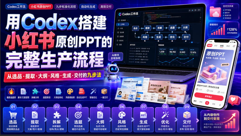 用Codex搭建小红书原创PPT的完整生产流程，从选品·提取·大纲·风格·生成·交付的九步法-网赚36计