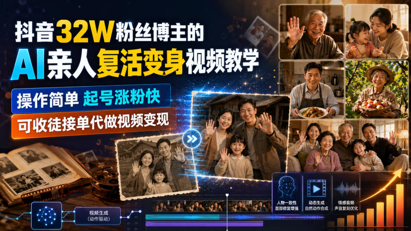 抖音32W粉丝博主的AI亲人复活变身视频教学，操作简单，起号涨粉快，可收徒接单代做视频变现-网赚36计