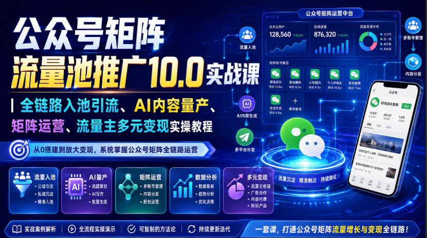 公众号矩阵流量池推广10.0实战课｜全链路入池引流、AI内容量产、矩阵运营、流量主多元变现实操教程-网赚36计