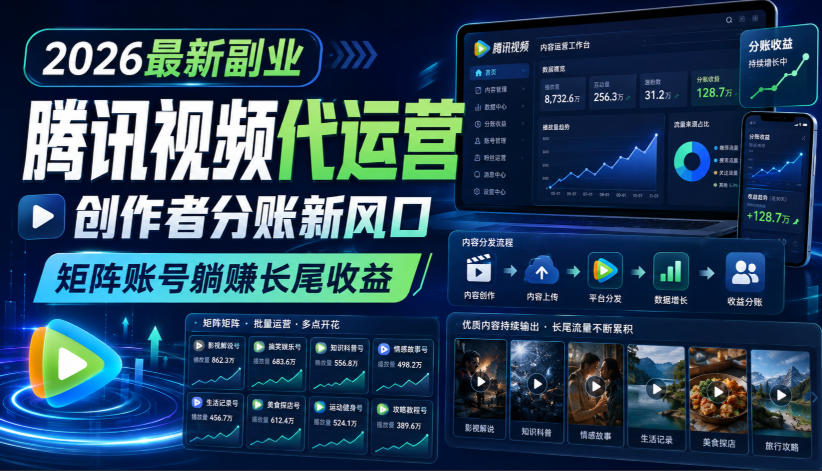 2026最新副业之腾讯视频代运营：创作者分账新风口，矩阵账号躺賺长尾收益【揭秘】-网赚36计