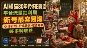 AI橘猫80年代怀旧赛道，平台流量红利期，新号最容易爆，伙伴计划-分成计划-收徒商单等多种收益-网赚36计