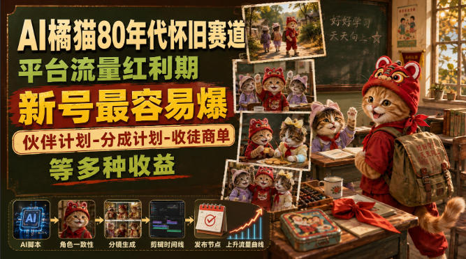 AI橘猫80年代怀旧赛道，平台流量红利期，新号最容易爆，伙伴计划-分成计划-收徒商单等多种收益-网赚36计