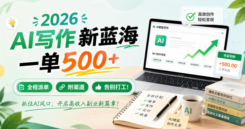 2026 AI写作新蓝海，一单500+，全程派单，附渠道，告别打工！【揭秘】-网赚36计