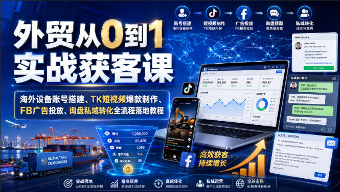 外贸从0到1实战获客课｜海外设备账号搭建、TK短视频爆款制作、FB广告投放、询盘私域转化全流程落地教程-网赚36计