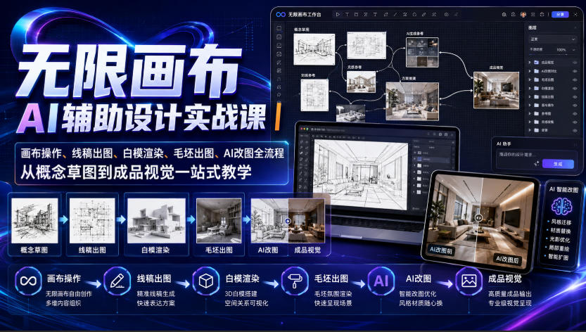 无限画布AI辅助设计实战课|画布操作、线稿出图、白模渲染、毛坯出图、AI改图全流程,从概念草图到成品视觉一站式教学-网赚36计