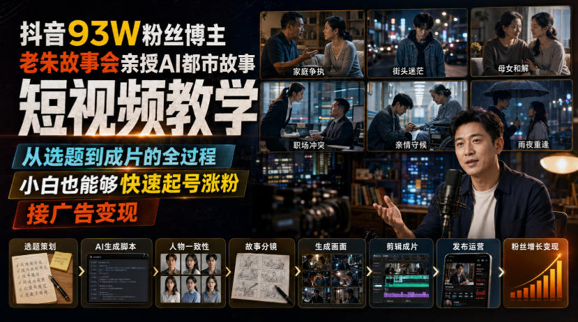 抖音93W粉丝博主老朱故事会亲授AI都市故事短视频教学,从选题到成片的全过程,小白也能够快速起号涨粉接广告变现-网赚36计