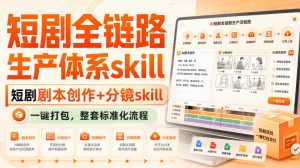 短剧全链路生产体系skill，短剧剧本创作+分镜skill，一键打包，整套标准化流程-网赚36计