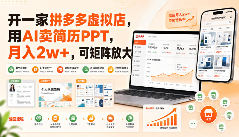 开一家拼多多虚拟店，用AI卖简历PPT，月入2w+，可矩阵放大【揭秘】-网赚36计