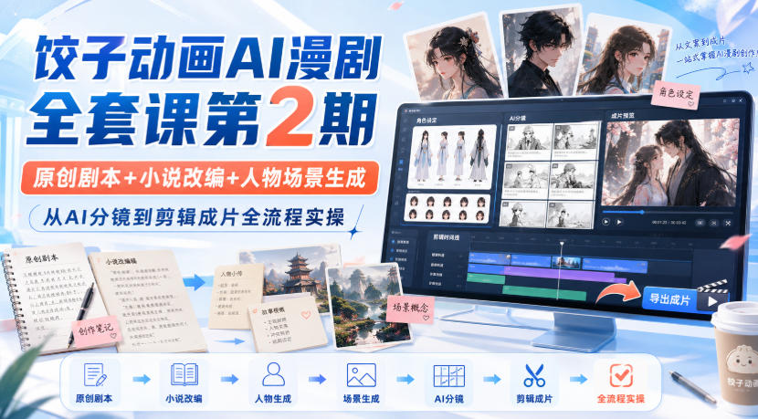 饺子动画AI漫剧全套课第2期：原创剧本+小说改编+人物场景生成，从AI分镜到剪辑成片全流程实操-网赚36计
