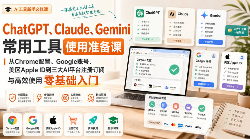 ChatGPT、Claude、Gemini常用工具使用准备课｜从Chrome配置、Google账号、美区Apple ID到三大AI平台注册订阅与高效使用零基础入门-网赚36计