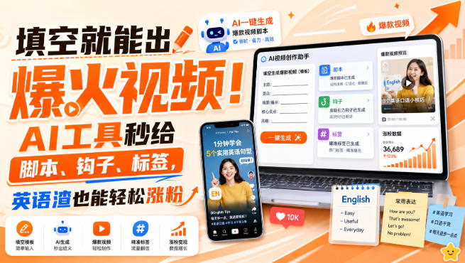 填空就能出爆火视频！AI工具秒给脚本、钩子、标签，英语渣也能轻松涨粉【原创双语字幕】-网赚36计
