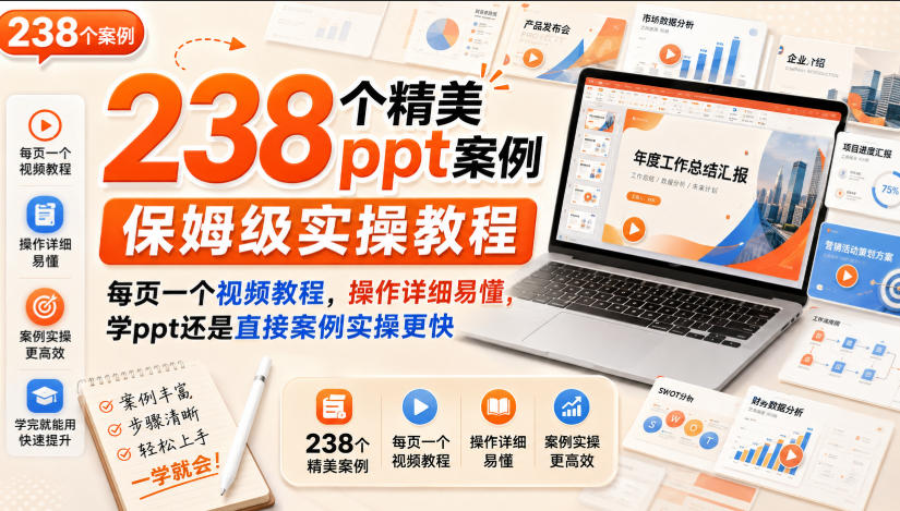 238个精美ppt案例保姆级实操教程，每页一个视频教程，操作详细易懂，学ppt还是直接案例实操更快-网赚36计