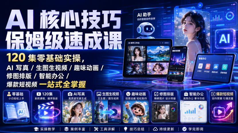 AI核心技巧保姆级速成课｜120集零基础实操，AI写真/生图生视频/趣味动画/修图排版/智能办公/爆款短视频一站式全掌握（更新）-网赚36计