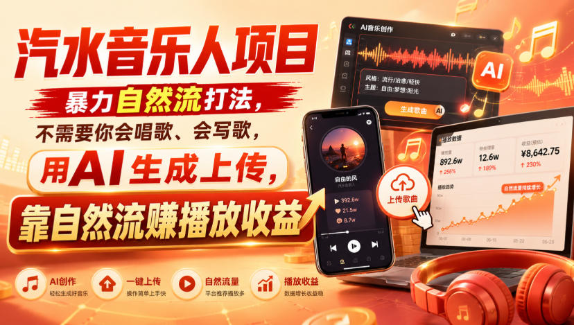 汽水音乐人项目，暴力自然流打法，不需要你会唱歌、会写歌，用AI生成上传，靠自然流賺播放收益-网赚36计