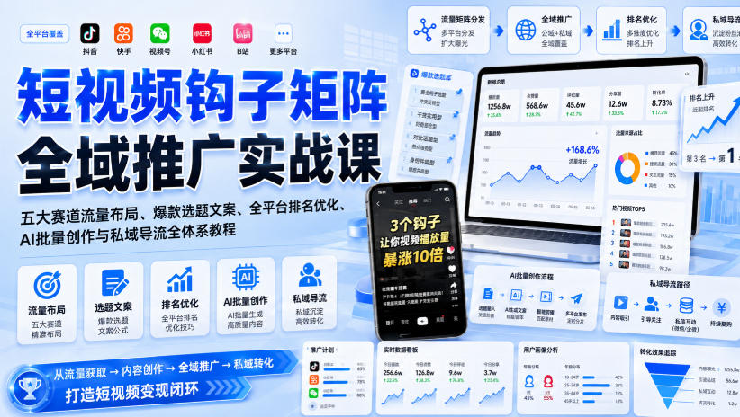 短视频钩子矩阵全域推广实战课｜五大赛道流量布局、爆款选题文案、全平台排名优化、AI批量创作与私域导流全体系教程-网赚36计