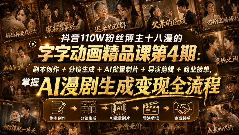 抖音110W粉丝博主十八漫的字字动画精品课第4期：剧本创作+分镜生成+剪辑+商业接单，掌握AI漫剧生成变现全流程-网赚36计