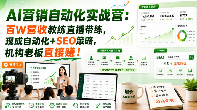 AI营销自动化实战营：百W营收教练直播带练，现成自动化+SEO策略，机构老板直接賺！【原创双语字幕】-网赚36计