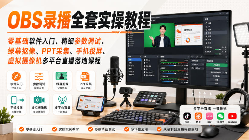 OBS录播全套实操教程｜零基础软件入门、精细参数调试、绿幕抠像、手机投屏、虚拟摄像机多平台直播落地课程-网赚36计