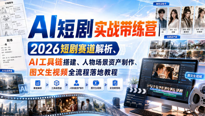 AI短剧实战带练营｜2026短剧赛道解析、AI工具链搭建、人物场景资产制作、图文生视频全流程落地教程-网赚36计
