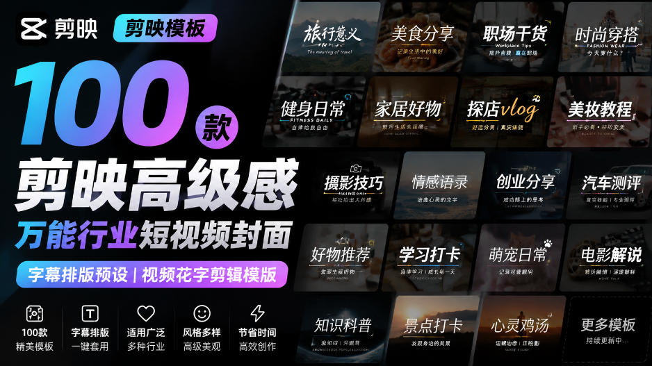 【剪映模板】100款剪映高级感万能行业短视频封面字幕排版预设视频花字剪辑模版-网赚36计