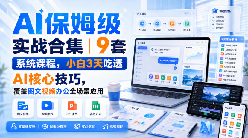 AI保姆级实战合集｜9套系统课程，小白3天吃透AI核心技巧，覆盖图文视频办公全场景应用-网赚36计