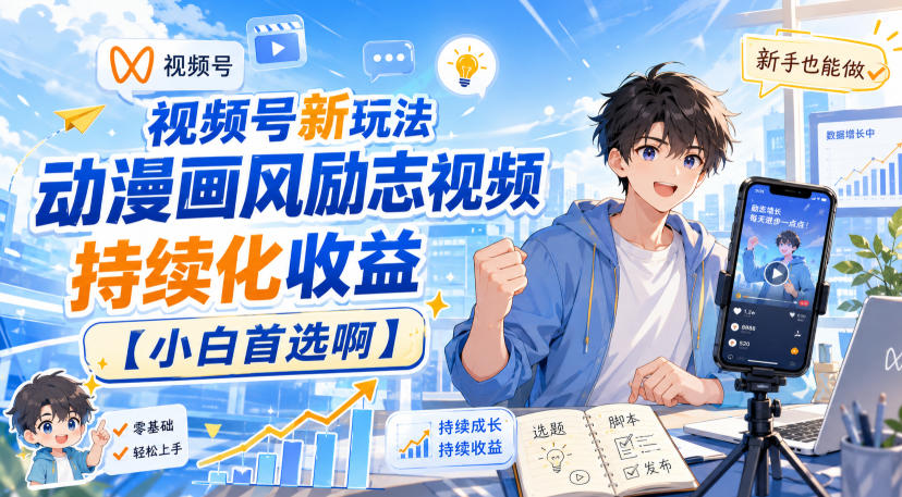 视频号新玩法动漫画风励志视频,持续化收益【小白首选啊】-网赚36计