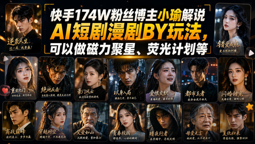 快手174W粉丝博主小瑜解说AI短剧漫剧搬运玩法，可以做磁力聚星、荧光计划等-网赚36计