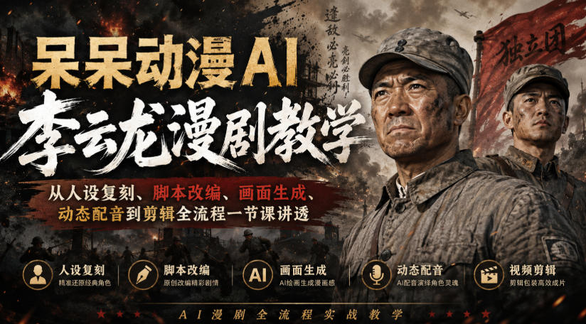 呆呆动漫AI李云龙漫剧教学，从人设复刻、脚本改编、画面生成、动态配音到剪辑全流程一节课讲透-网赚36计