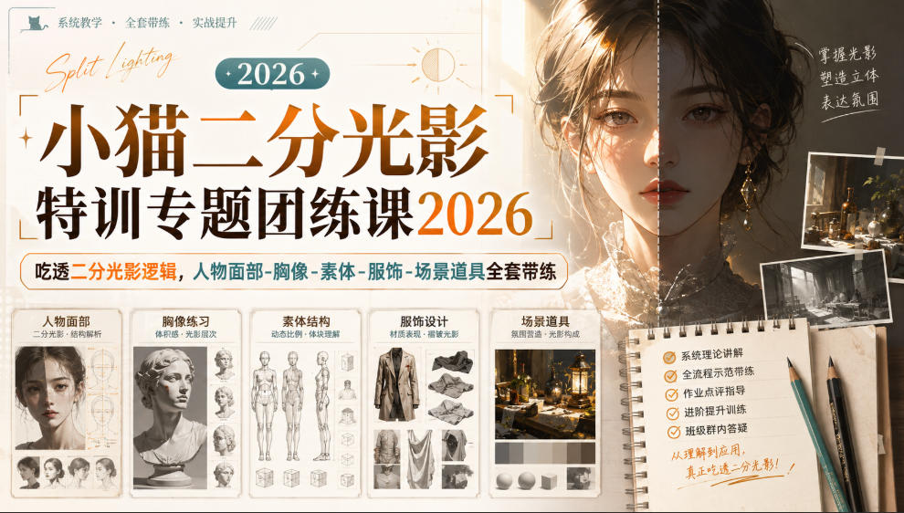 小猫二分光影特训专题团练课2026｜吃透二分光影逻辑，人物面部‑胸像‑素体‑服饰‑场景道具全套带练，高清画质附赠课件与笔刷-网赚36计