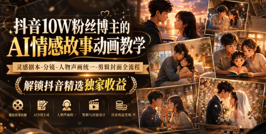 抖音10W粉丝博主的AI情感故事动画教学，灵感剧本‑分镜‑人物声画统一‑剪辑封面全流程，解锁抖音精选独家收益-网赚36计