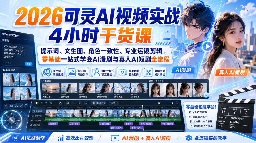 2026可灵AI视频实战4小时干货课｜提示词、文生图、角色一致性、专业运镜剪辑，零基础一站式学会AI漫剧与真人AI短剧全流程-网赚36计