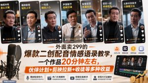 外面卖299的爆款二创配音情感语录教学，一个作品20分钟左右，伙伴计划+剪映拉新+收徒等多种收益-网赚36计