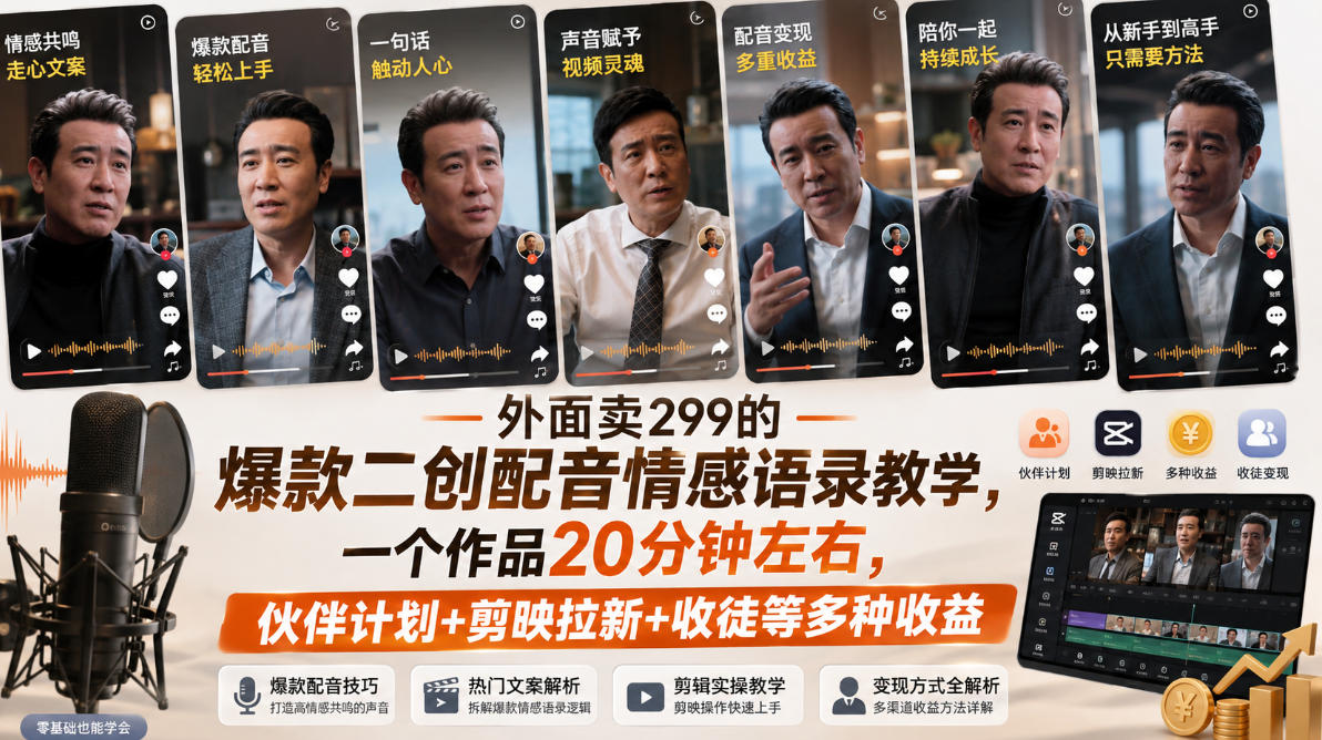 外面卖299的爆款二创配音情感语录教学，一个作品20分钟左右，伙伴计划+剪映拉新+收徒等多种收益-网赚36计